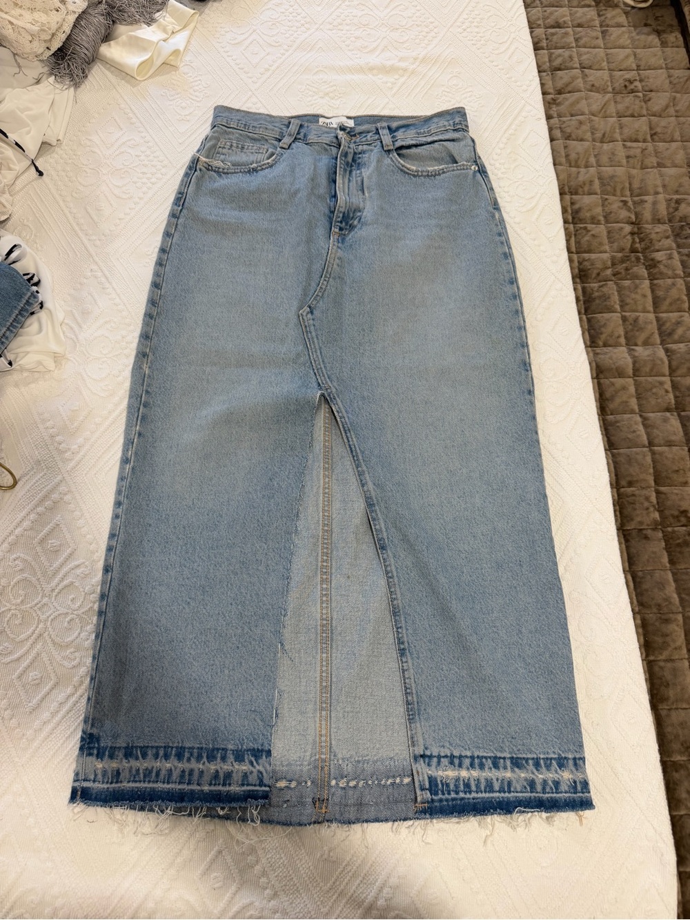 Zara Light Blue Denim Midi Skirt with Front Slit